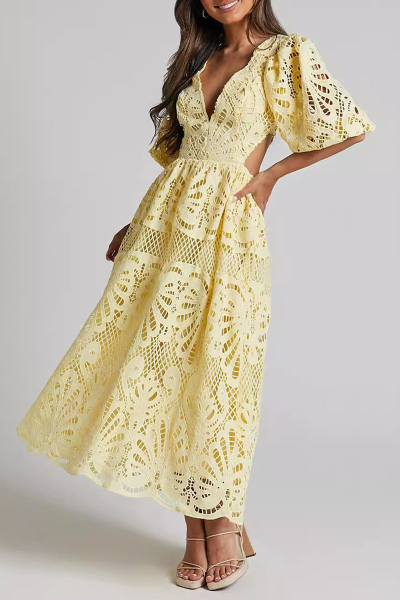 Valenzora | Sexy Solid Color Lace Embroidered Hollow Out V-Neck A-Line Dresses - 4 Colors
