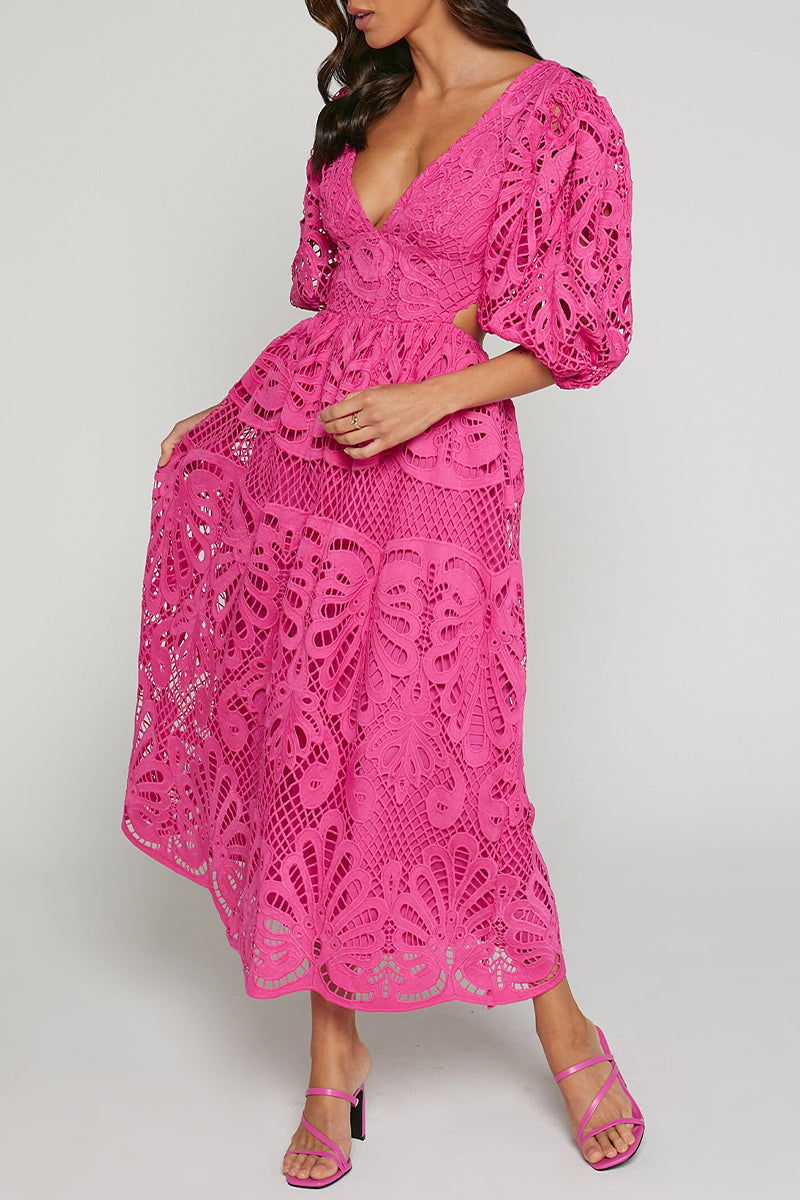 Valenzora | Sexy Solid Color Lace Embroidered Hollow Out V-Neck A-Line Dresses - 4 Colors