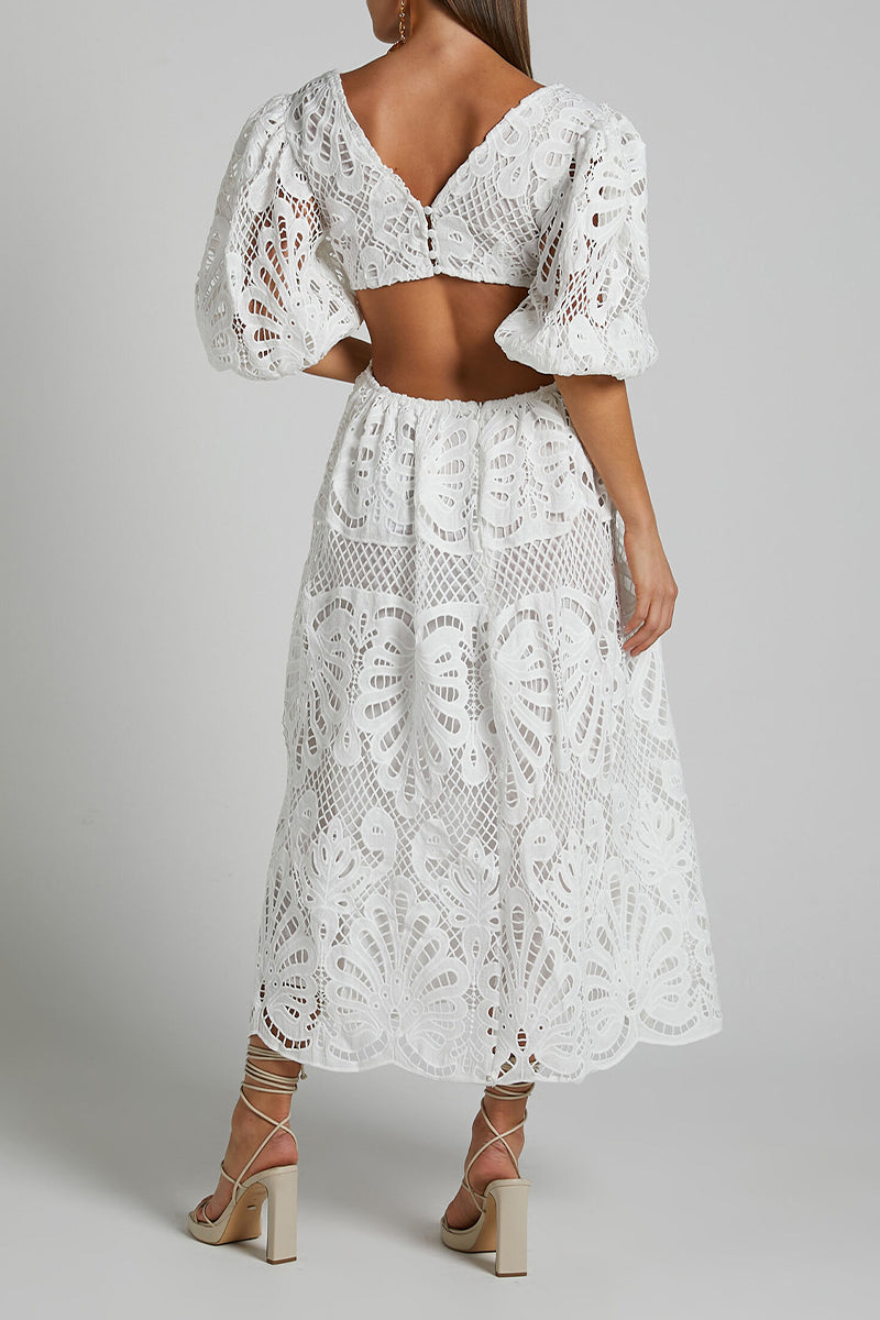 Valenzora | Sexy Solid Color Lace Embroidered Hollow Out V-Neck A-Line Dresses - 4 Colors