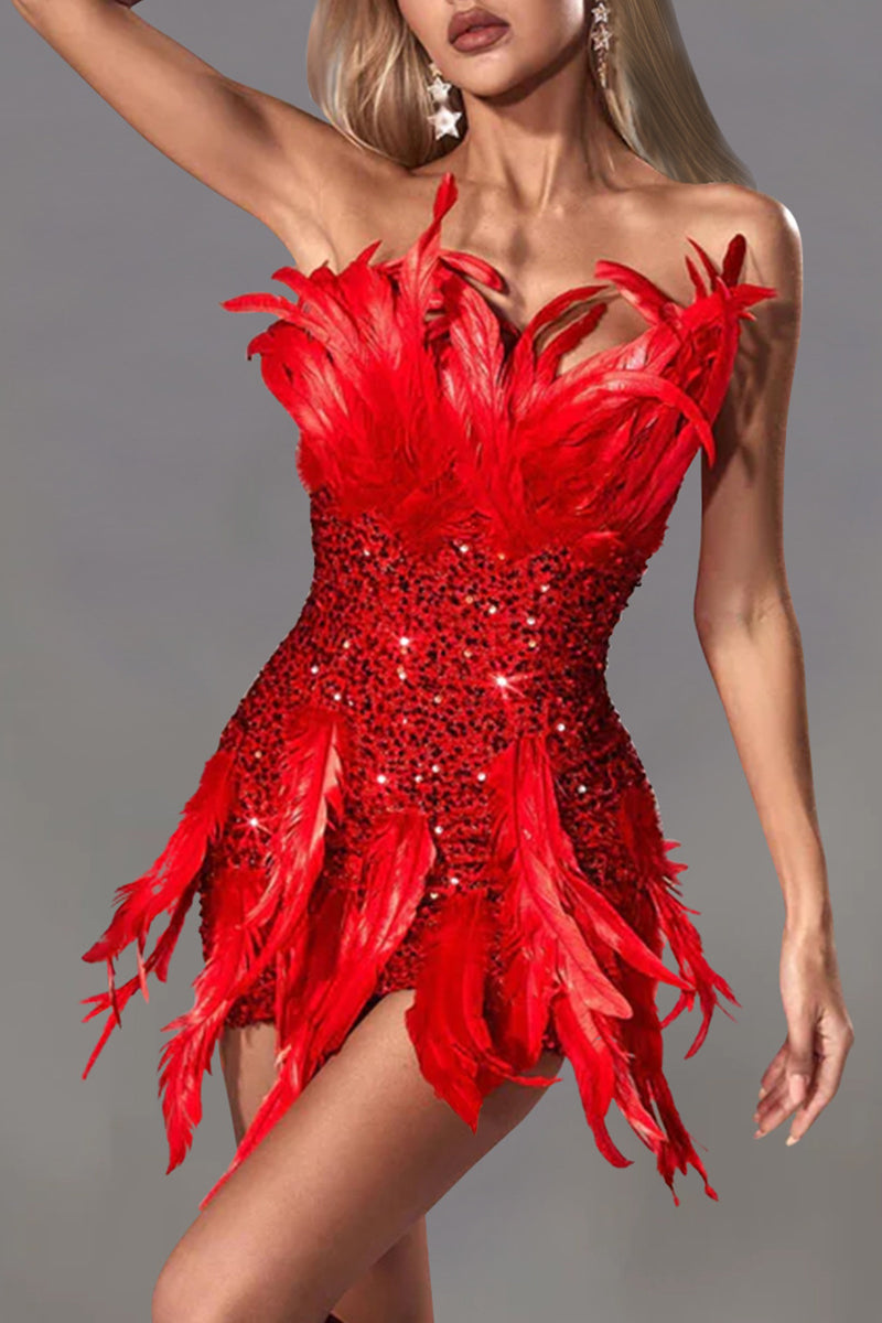 Valenzora | Sexy Solid Sequin Patchwork Feather Zipper Strapless Wrap Skirt Dresses - 4 Colors