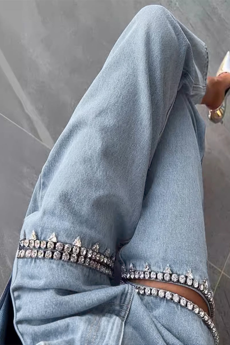 Valenzora | Street Solid Color Rhinestone Decor High Waist Denim Jeans