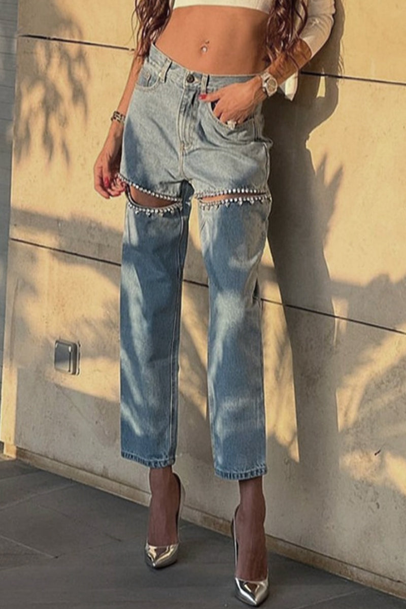 Valenzora | Street Solid Color Rhinestone Decor High Waist Denim Jeans