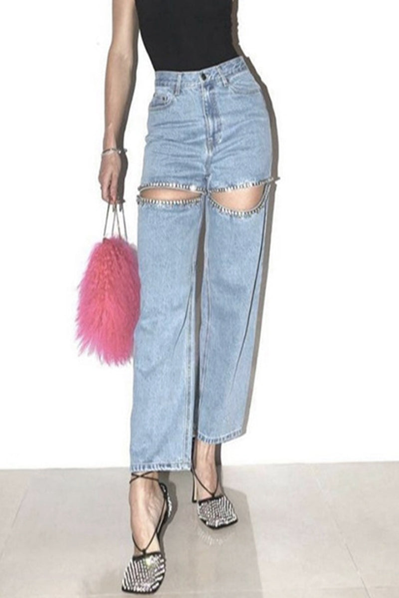 Valenzora | Street Solid Color Rhinestone Decor High Waist Denim Jeans