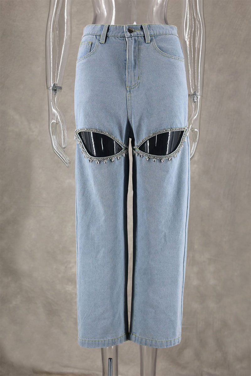 Valenzora | Einfarbige Jeans mit hohem Bund und Strass-Verzierung