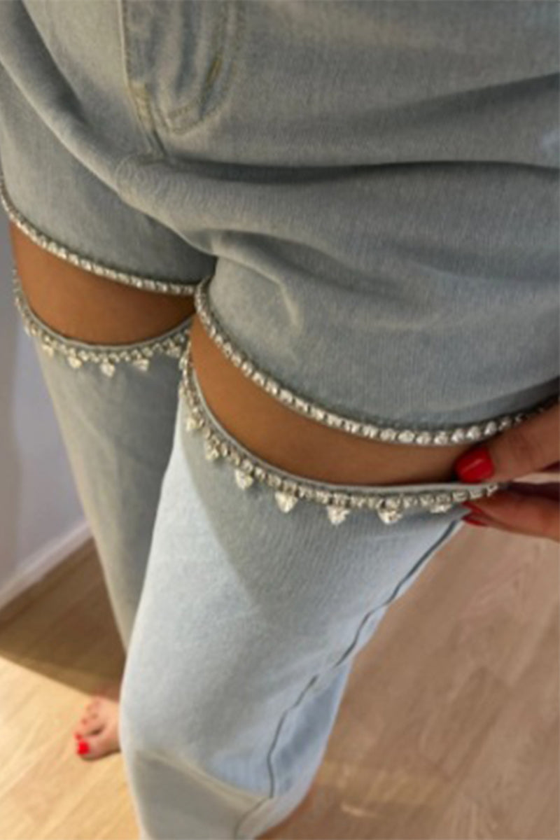 Valenzora | Einfarbige Jeans mit hohem Bund und Strass-Verzierung