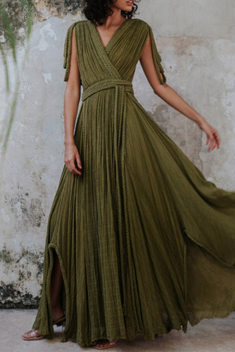 Valenzora | Sexy Holiday Solid Color Slit Strappy Design V-Neck Beach Dresses