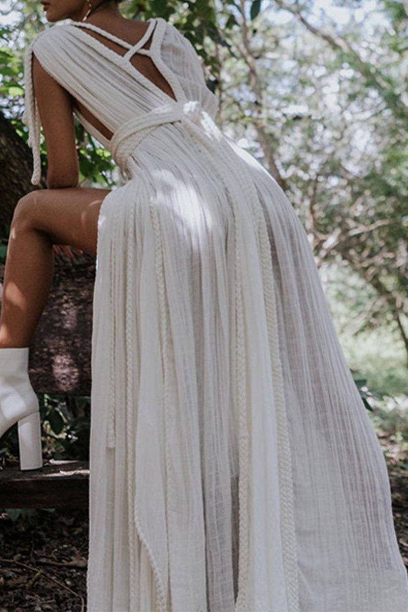 Valenzora | Sexy Holiday Solid Color Slit Strappy Design V-Neck Beach Dresses