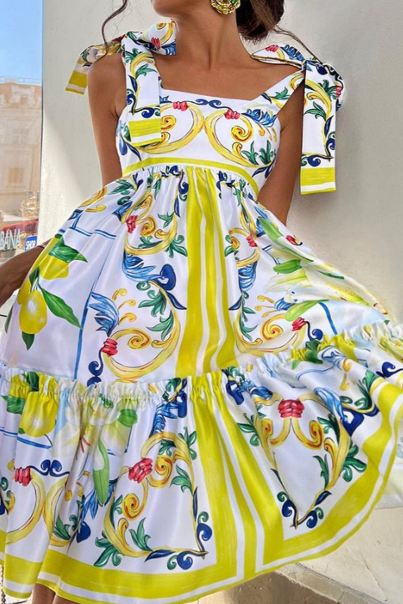 Valenzora | Casual Print Lace-up Backless Spaghetti Strap A-Line Dresses
