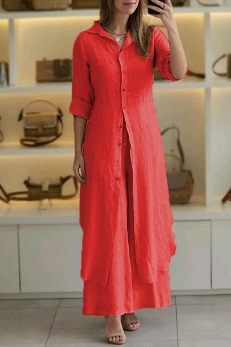 Valenzora | Casual Solid Color Button-Up Shirt Collar Long Sleeve Two-Piece Set - 7 Colors
