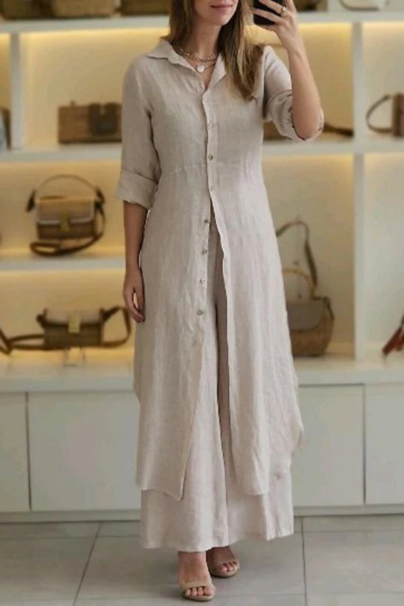 Valenzora | Casual Solid Color Button-Up Shirt Collar Long Sleeve Two-Piece Set - 7 Colors