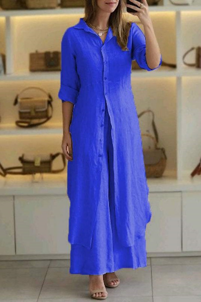 Valenzora | Casual Solid Color Button-Up Shirt Collar Long Sleeve Two-Piece Set - 7 Colors