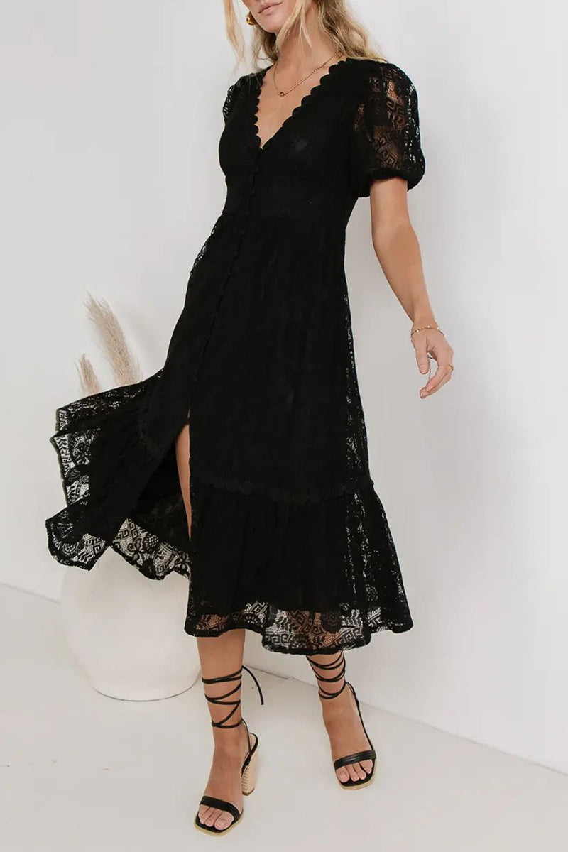 Valenzora | Casual everyday solid color lace button V-neck A-line dresses - 4 colors