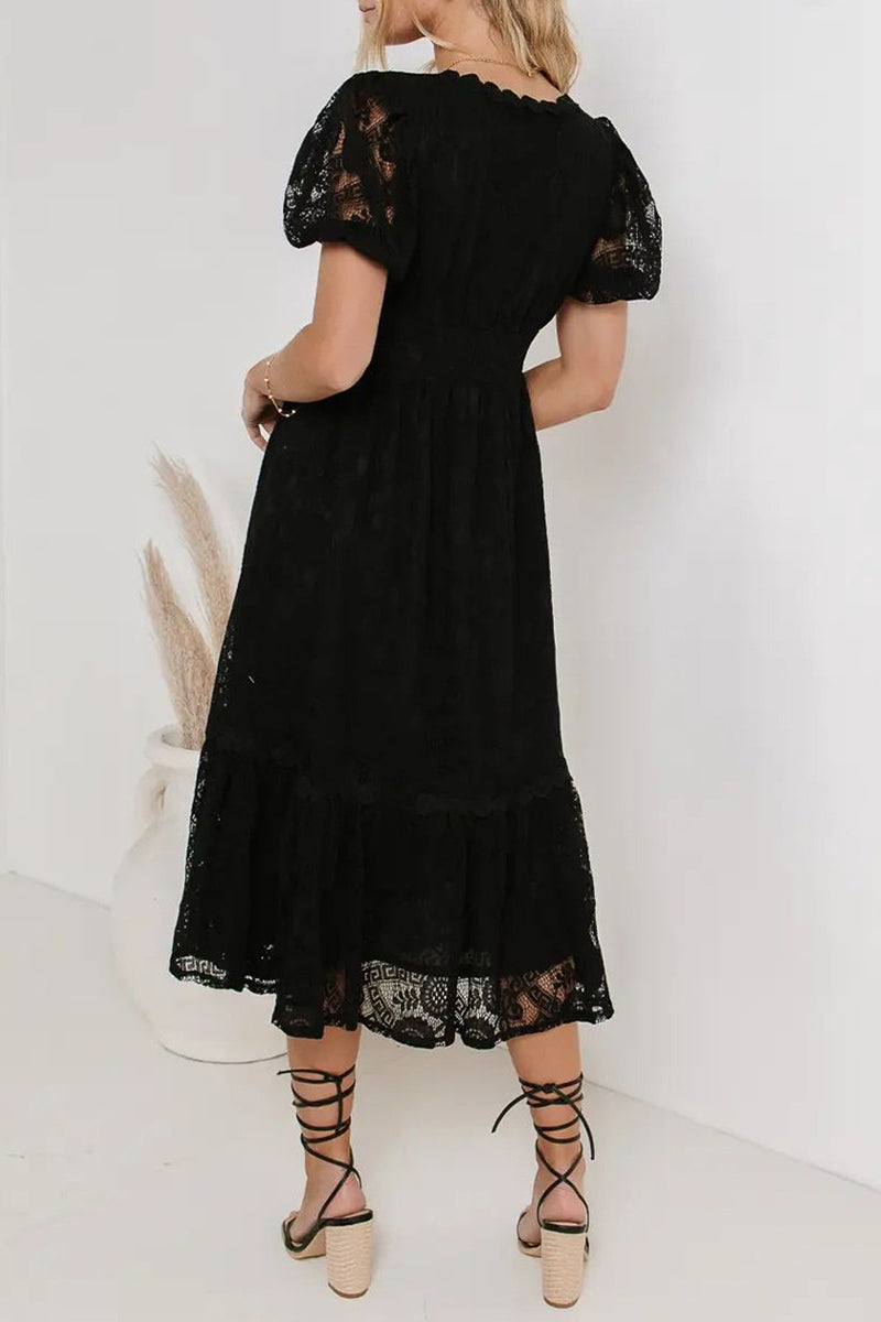Valenzora | Casual everyday solid color lace button V-neck A-line dresses - 4 colors