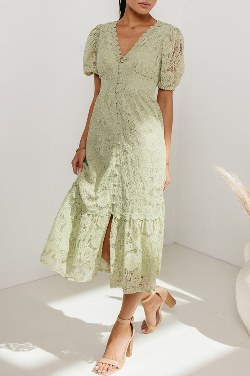 Valenzora | Casual everyday solid color lace button V-neck A-line dresses - 4 colors