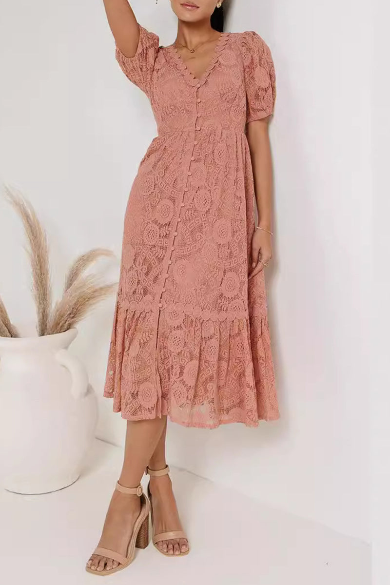 Valenzora | Casual everyday solid color lace button V-neck A-line dresses - 4 colors