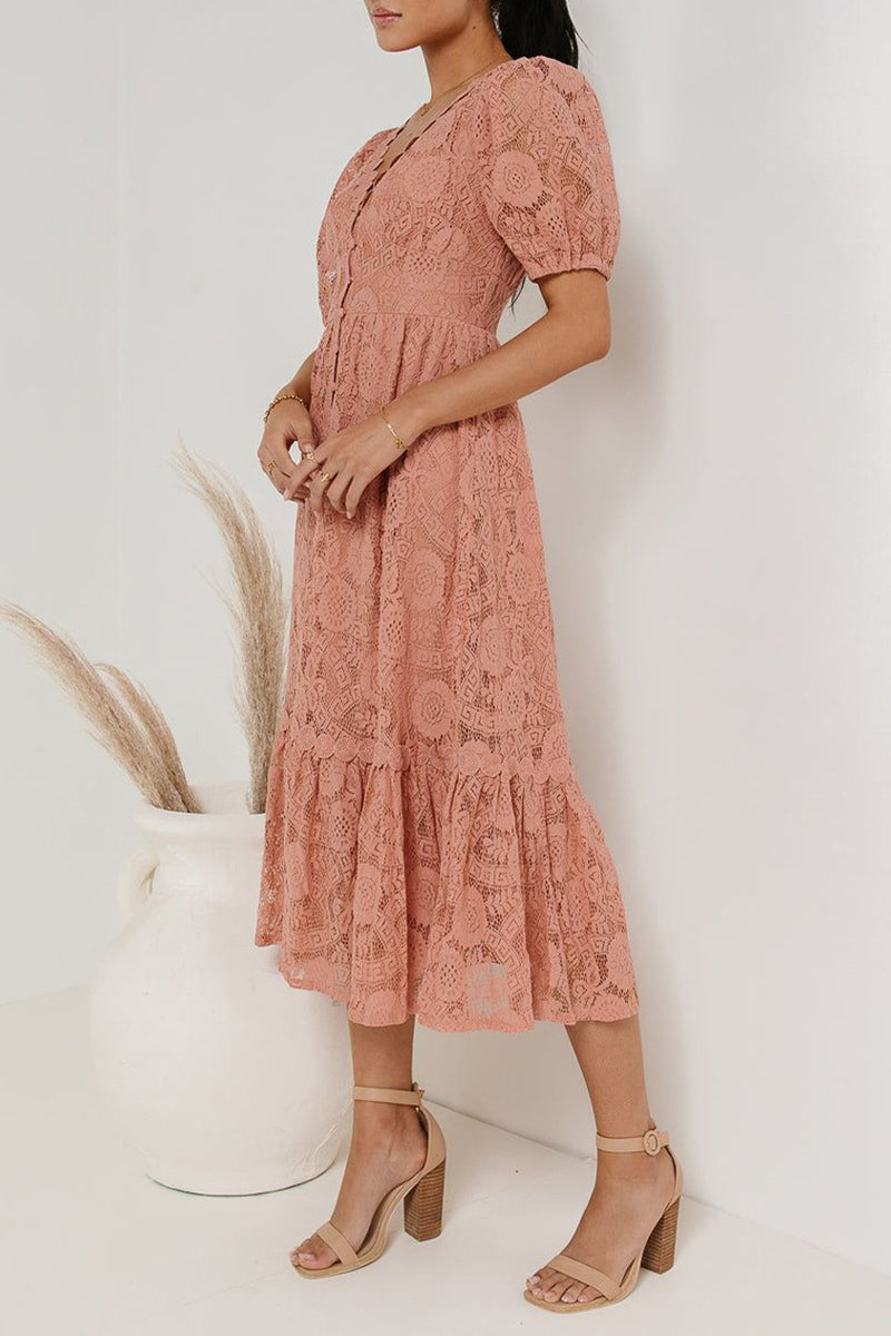 Valenzora | Casual everyday solid color lace button V-neck A-line dresses - 4 colors