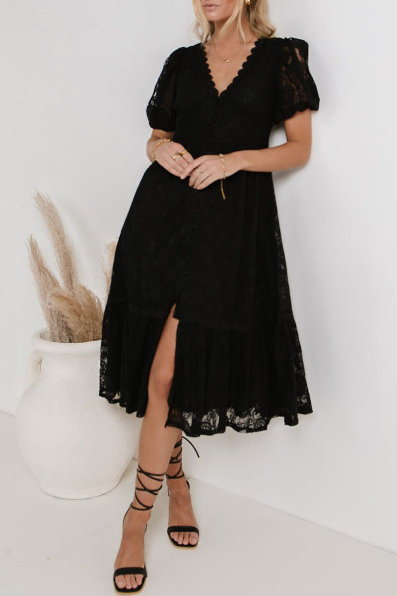 Valenzora | Casual everyday solid color lace button V-neck A-line dresses - 4 colors