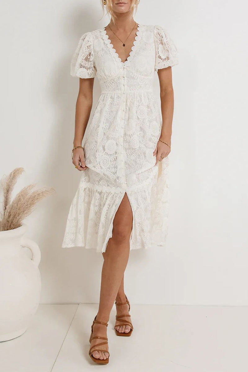 Valenzora | Casual everyday solid color lace button V-neck A-line dresses - 4 colors