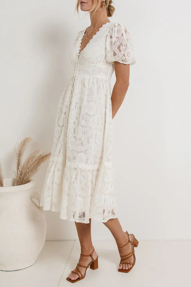 Valenzora | Casual everyday solid color lace button V-neck A-line dresses - 4 colors