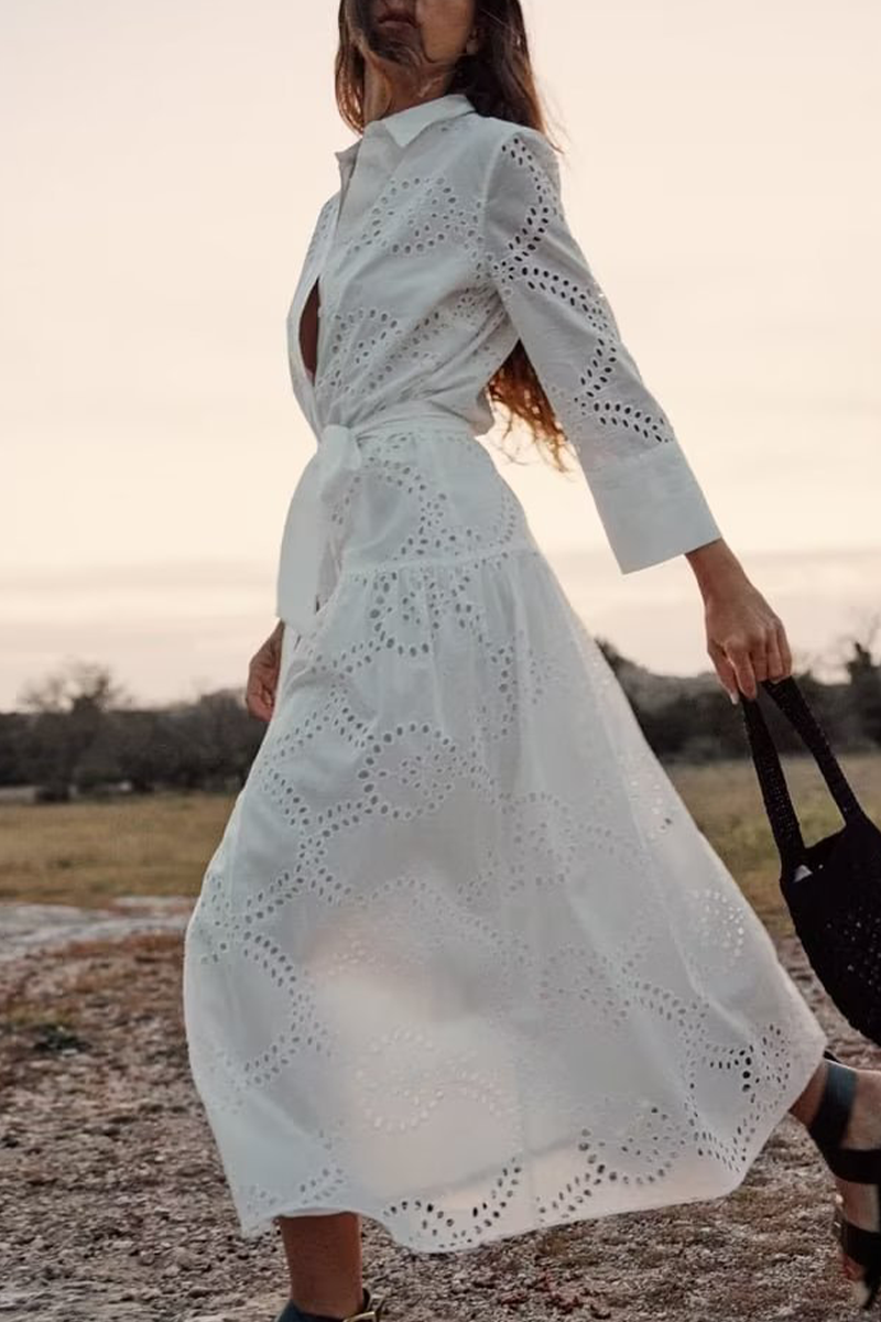 Valenzora | Casual Daily Solid Color Embroidered Hollowout Lace-Up Collar A-Line Dresses