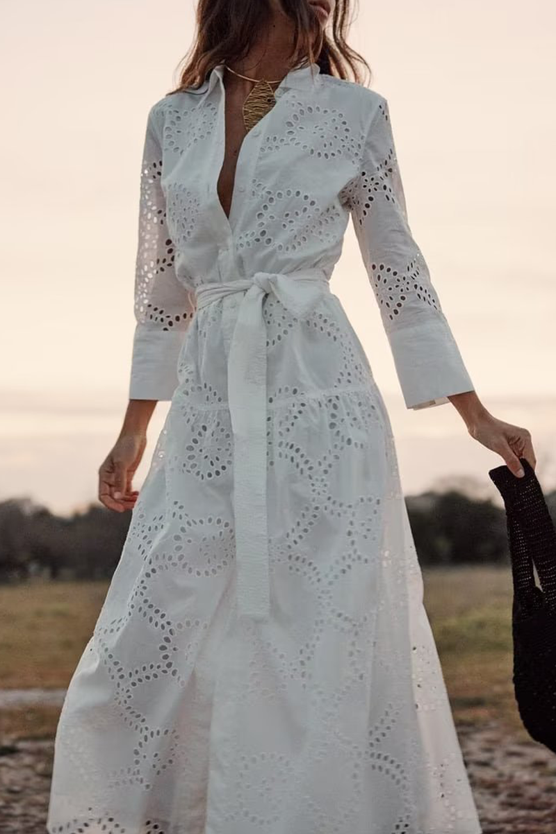 Valenzora | Casual Daily Solid Color Embroidered Hollowout Lace-Up Collar A-Line Dresses