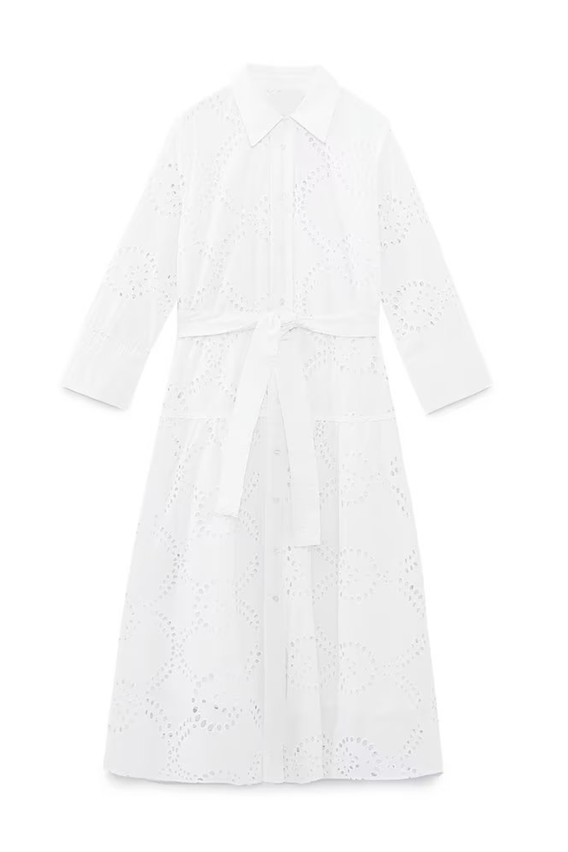Valenzora | Casual Daily Solid Color Embroidered Hollowout Lace-Up Collar A-Line Dresses