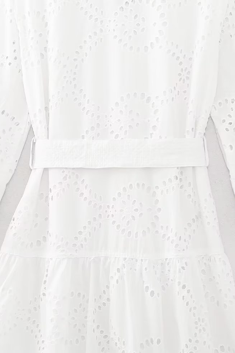 Valenzora | Casual Daily Solid Color Embroidered Hollowout Lace-Up Collar A-Line Dresses