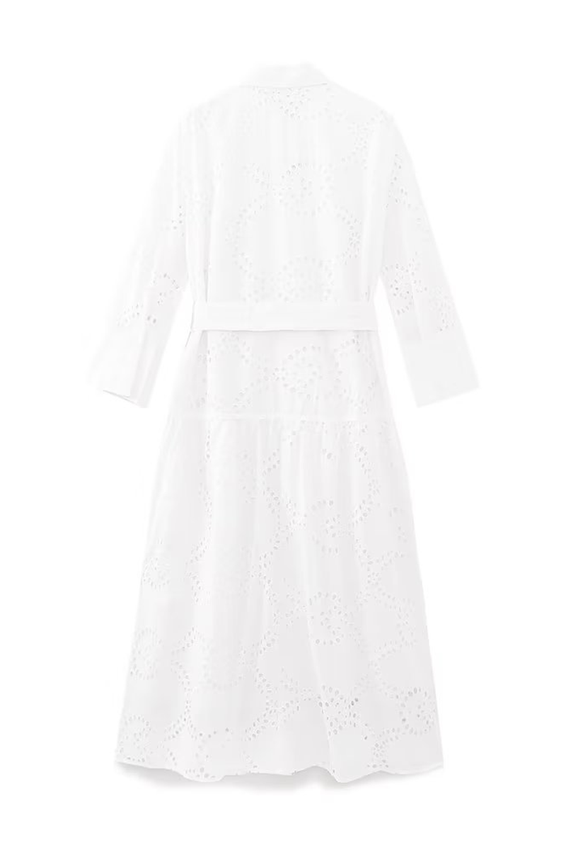 Valenzora | Casual Daily Solid Color Embroidered Hollowout Lace-Up Collar A-Line Dresses