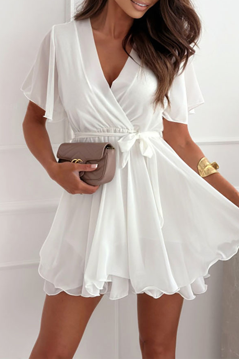 Valenzora | Sexy Solid Color Lace Dress with Ruffled Cut, V-Neck, A-Line - 3 Colors
