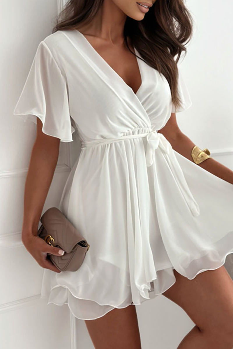 Valenzora | Sexy Solid Color Lace Dress with Ruffled Cut, V-Neck, A-Line - 3 Colors
