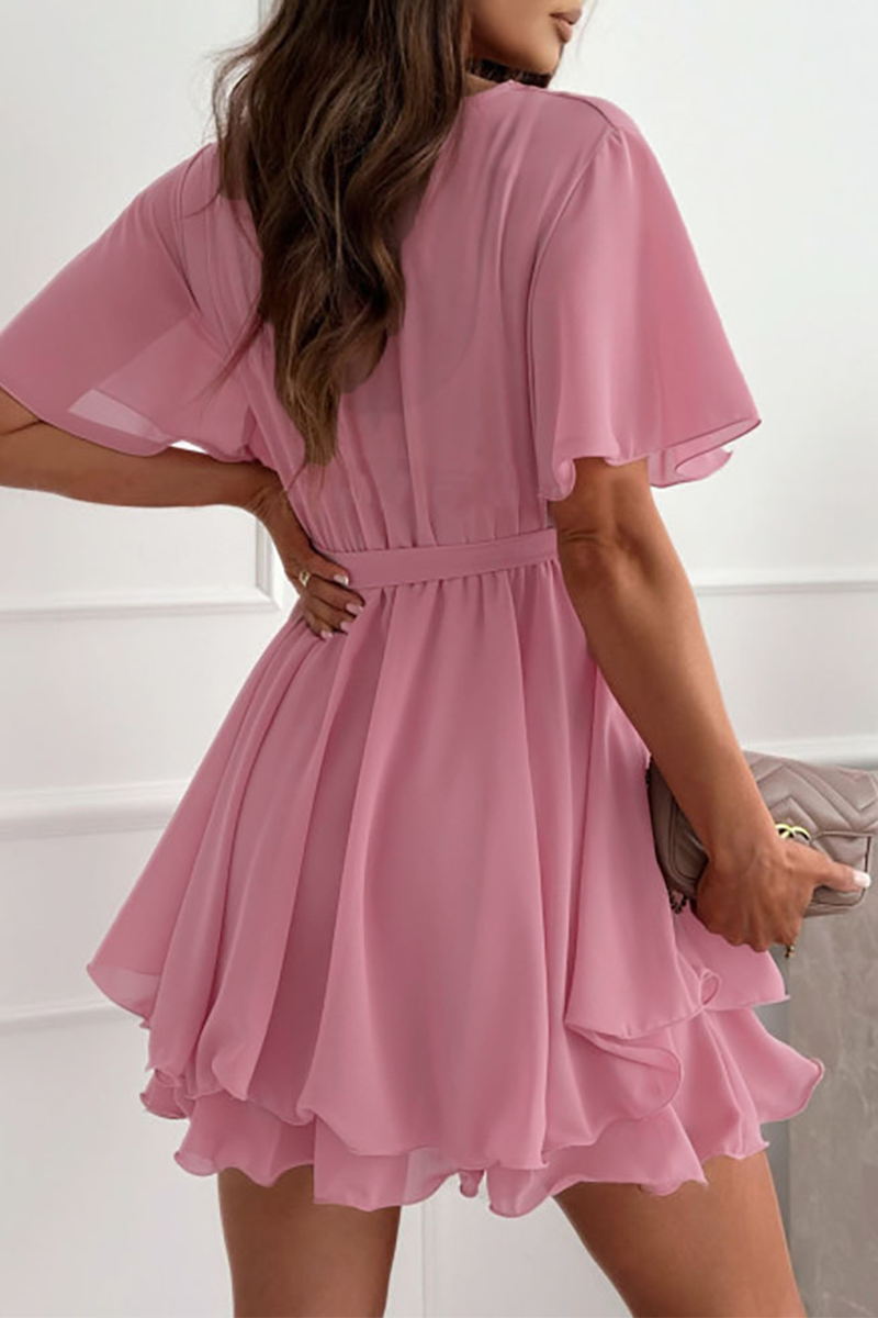 Valenzora | Sexy Solid Color Lace Dress with Ruffled Cut, V-Neck, A-Line - 3 Colors