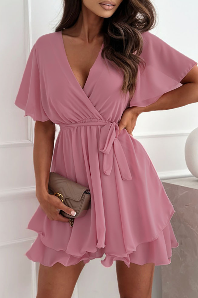 Valenzora | Sexy Solid Color Lace Dress with Ruffled Cut, V-Neck, A-Line - 3 Colors