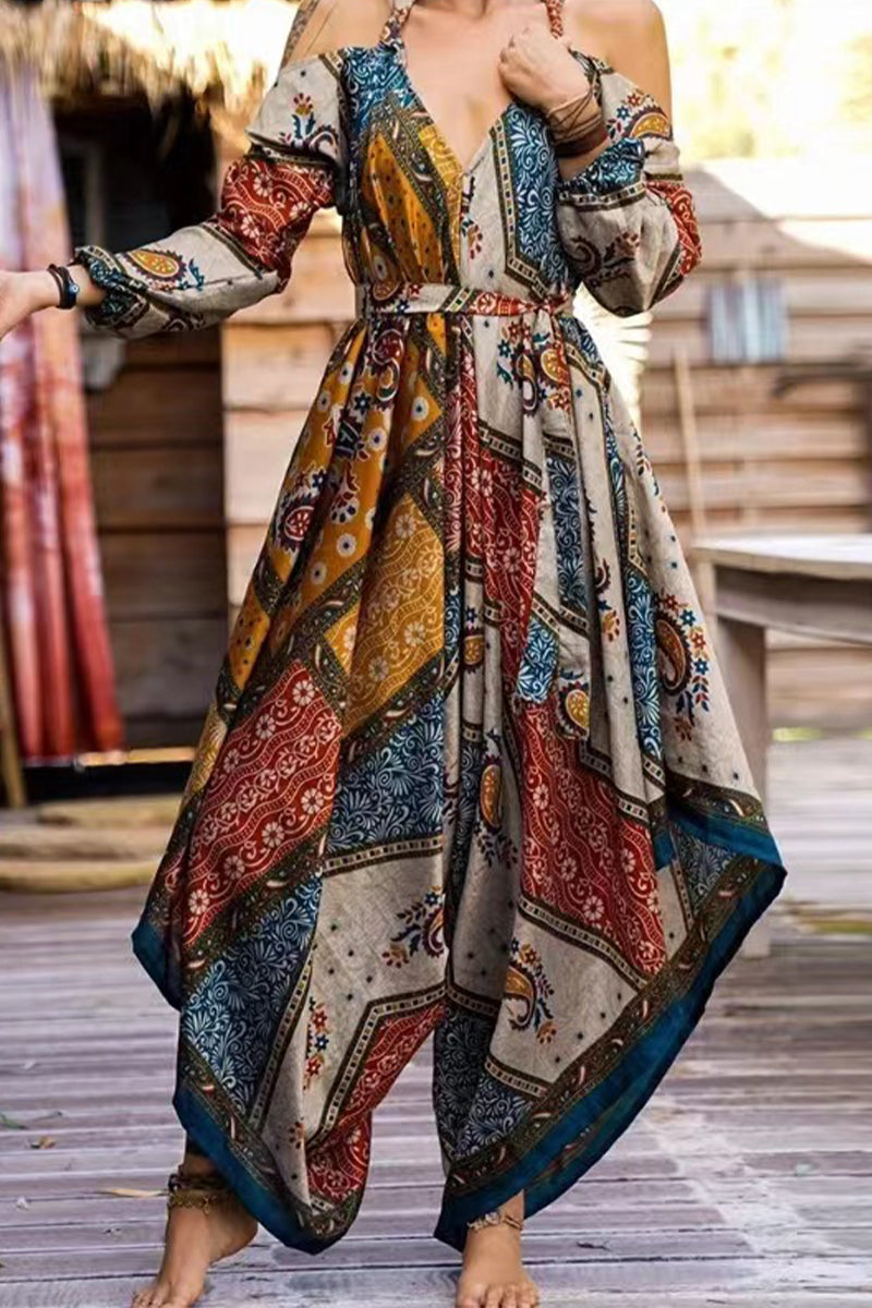 Valenzora | Casual Street National Totem Print V-Neck Loose Jumpsuits