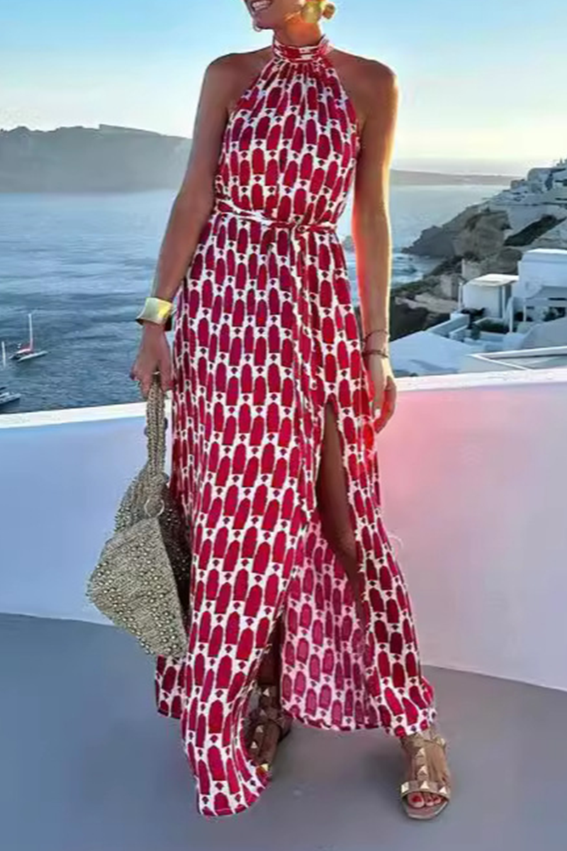 Valenzora | Elegant sleeveless dresses with geometric print, slit and neckband