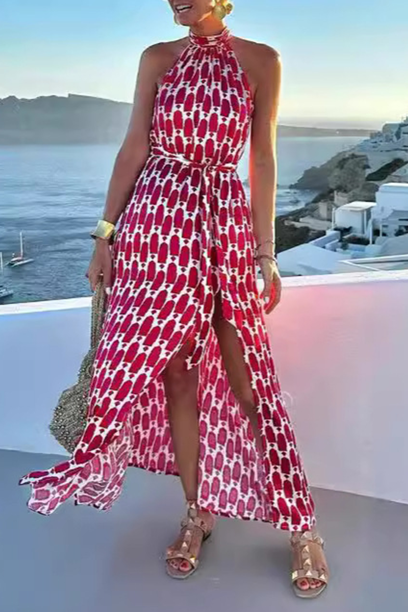Valenzora | Elegant sleeveless dresses with geometric print, slit and neckband