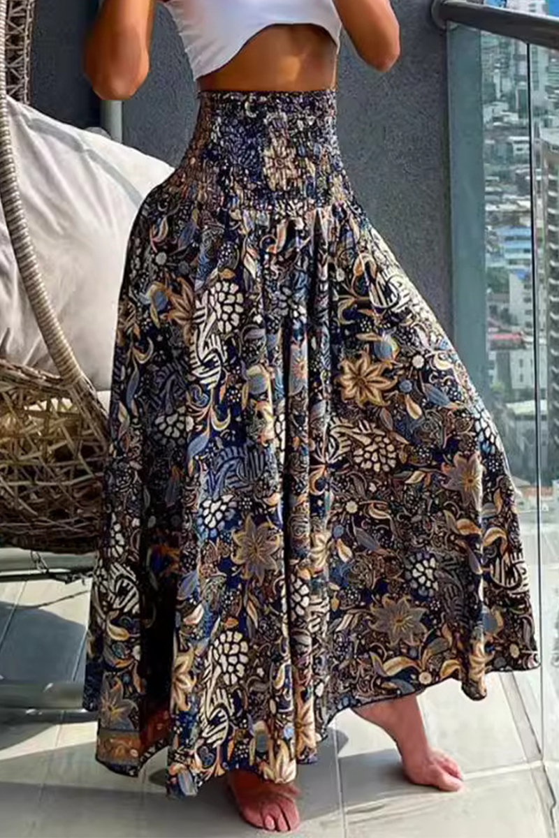 Valenzora | Elegant, relaxed trousers with a high waist and all-over A-type floral pattern