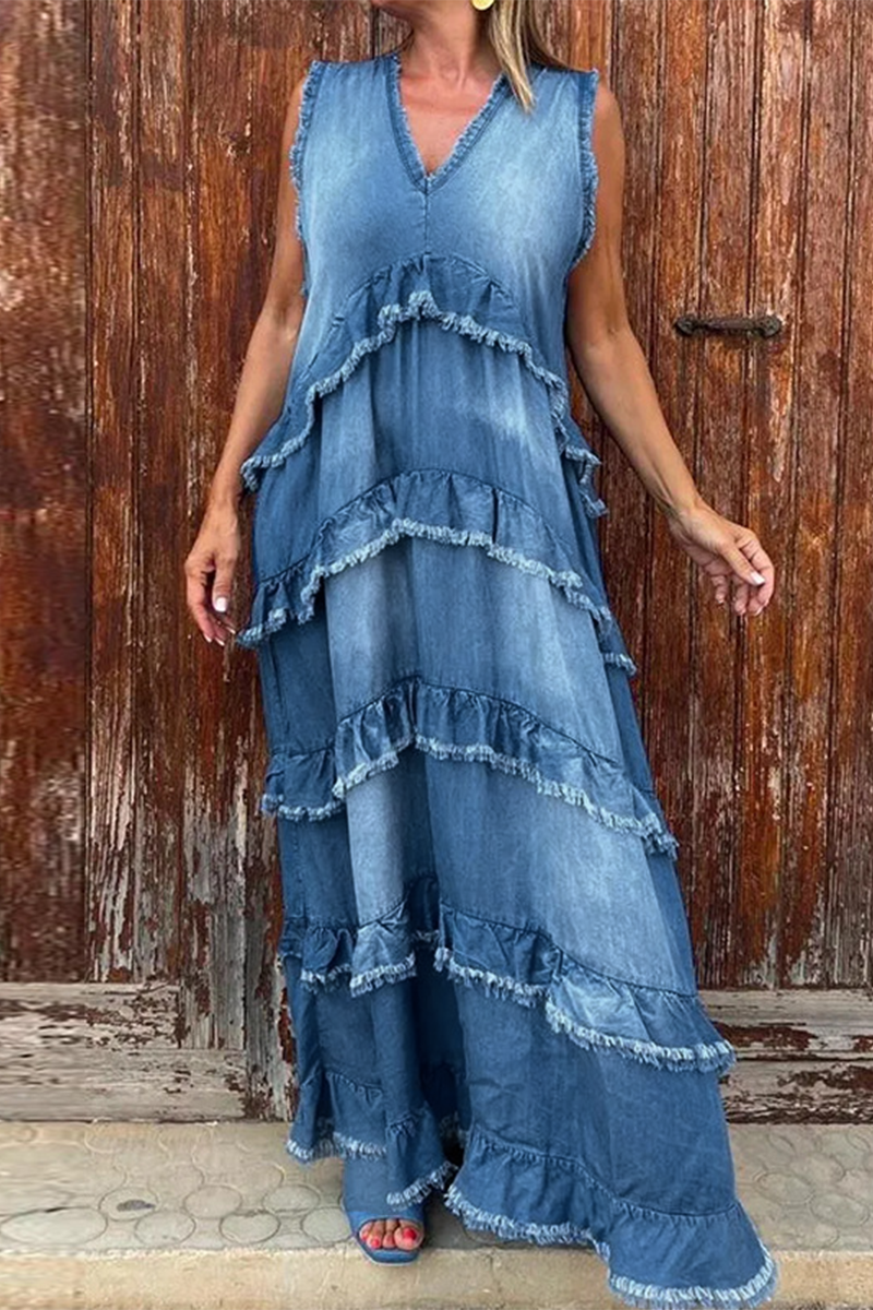 Valenzora | Casual Ripped Ruffle V-Neck Sleeveless Loose Denim Dresses - 3 Colors