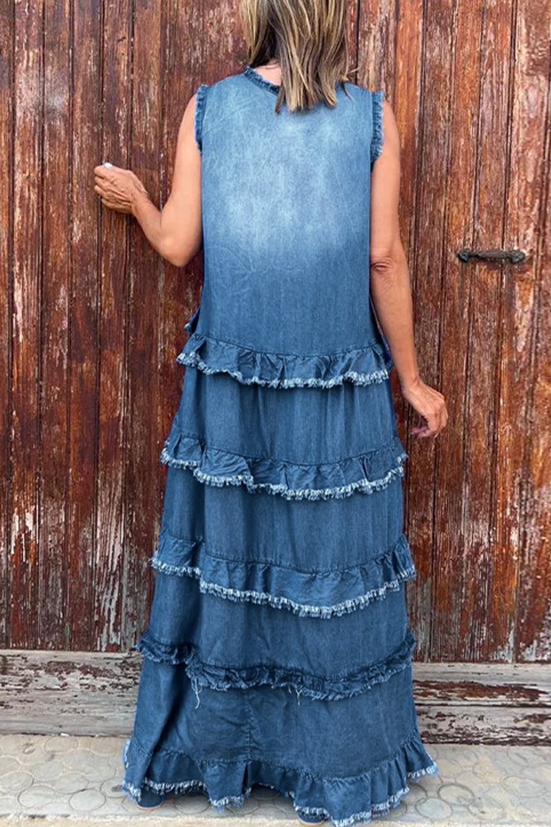 Valenzora | Casual Ripped Ruffle V-Neck Sleeveless Loose Denim Dresses - 3 Colors