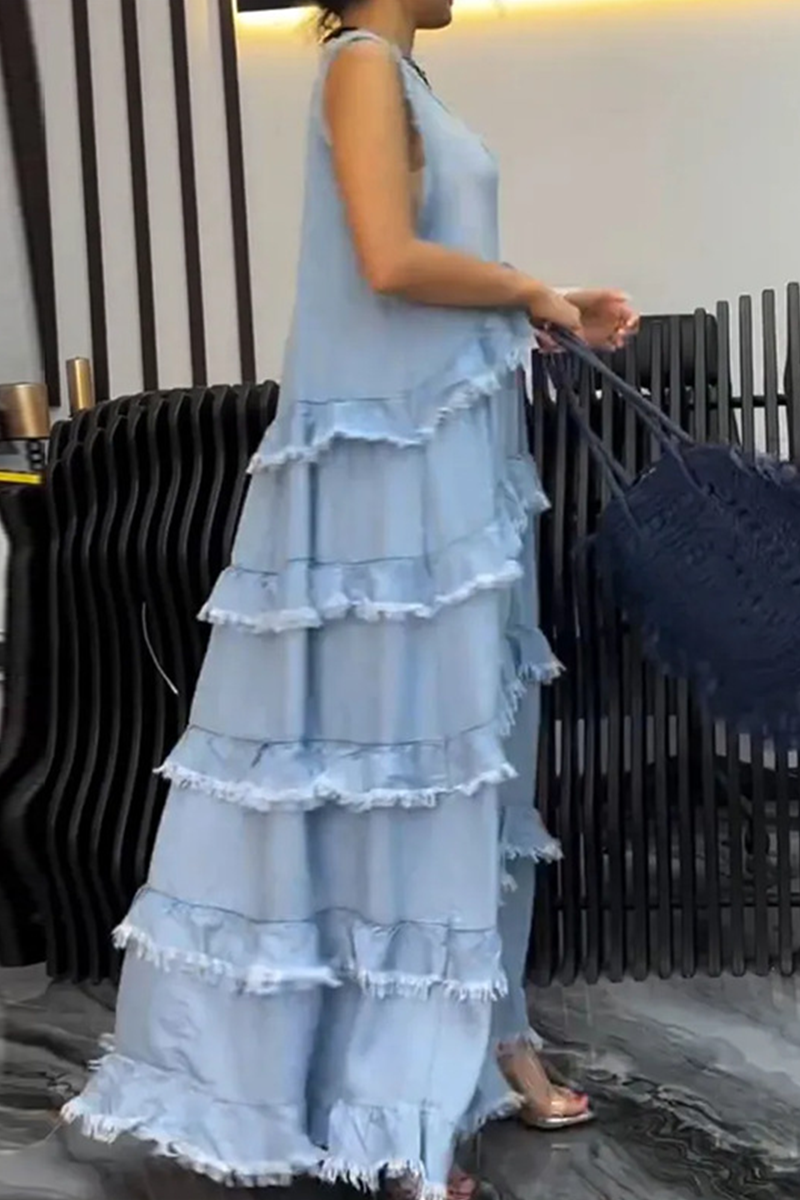 Valenzora | Casual Ripped Ruffle V-Neck Sleeveless Loose Denim Dresses - 3 Colors