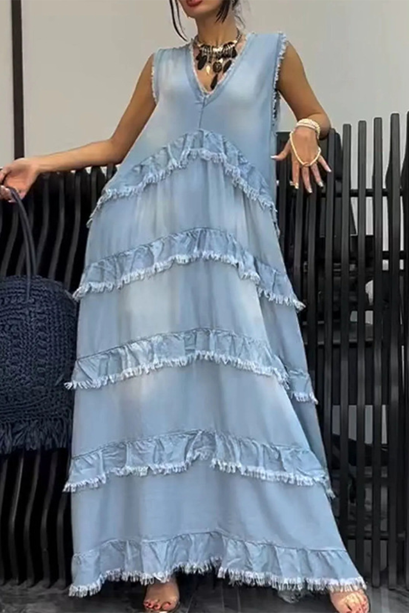 Valenzora | Casual Ripped Ruffle V-Neck Sleeveless Loose Denim Dresses - 3 Colors