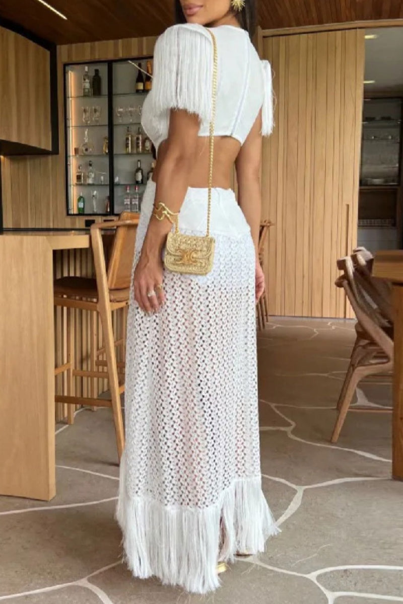 Valenzora | Sexy Holiday Solid Color Fringe Trim Hollow Neck Deep V-Neck Long Dresses