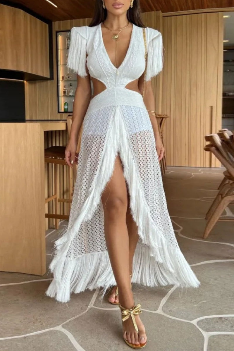 Valenzora | Sexy Holiday Solid Color Fringe Trim Hollow Neck Deep V-Neck Long Dresses