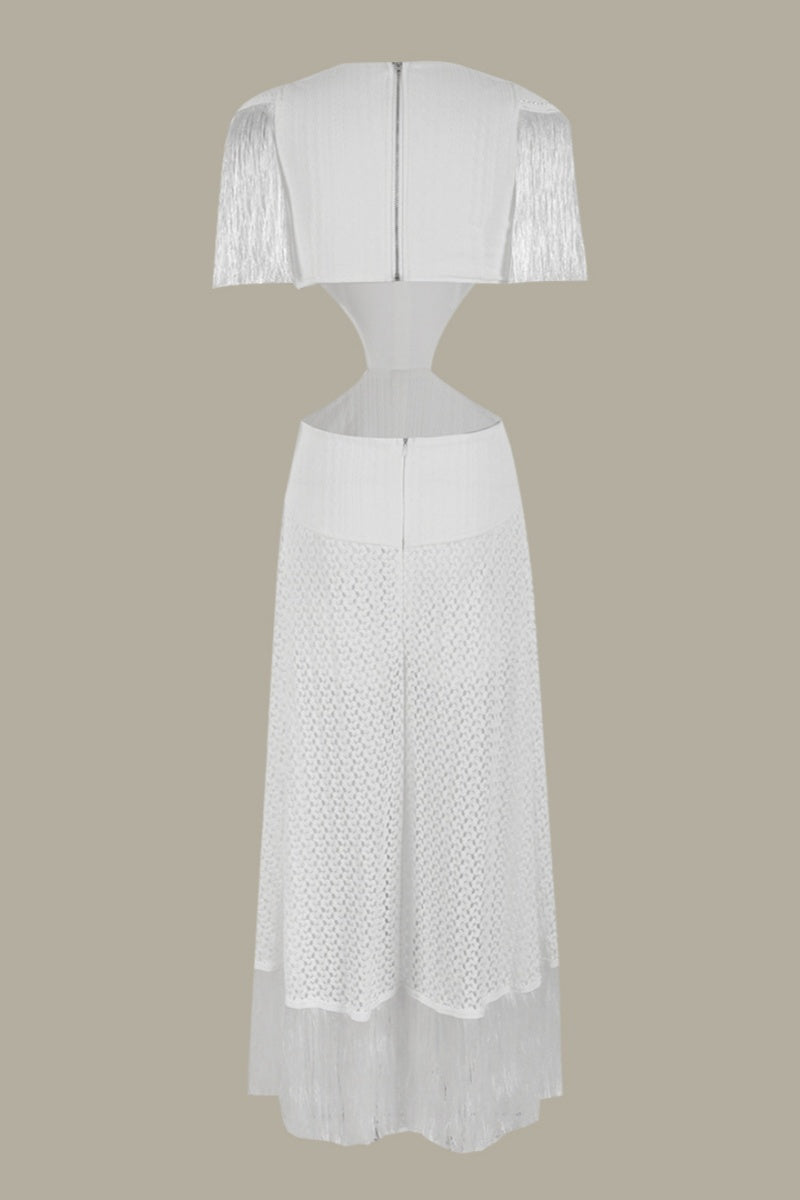 Valenzora | Sexy Holiday Solid Color Fringe Trim Hollow Neck Deep V-Neck Long Dresses