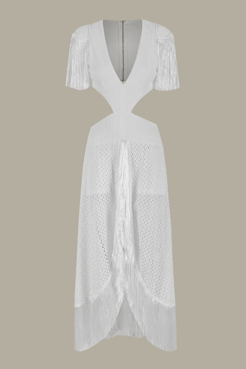 Valenzora | Sexy Holiday Solid Color Fringe Trim Hollow Neck Deep V-Neck Long Dresses
