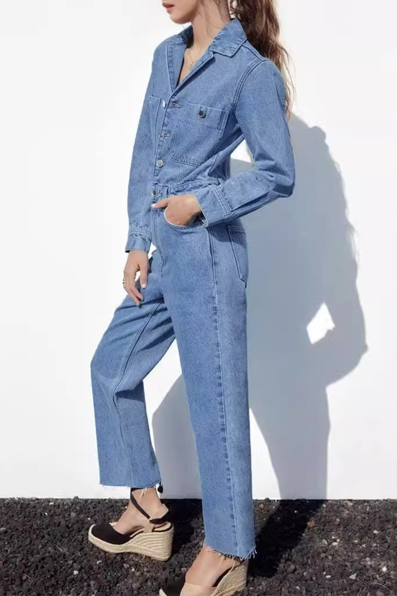 Valenzora | Casual Street Solid Color Pocket Button Turn-Down Collar Long Sleeves Loose Denim Overalls