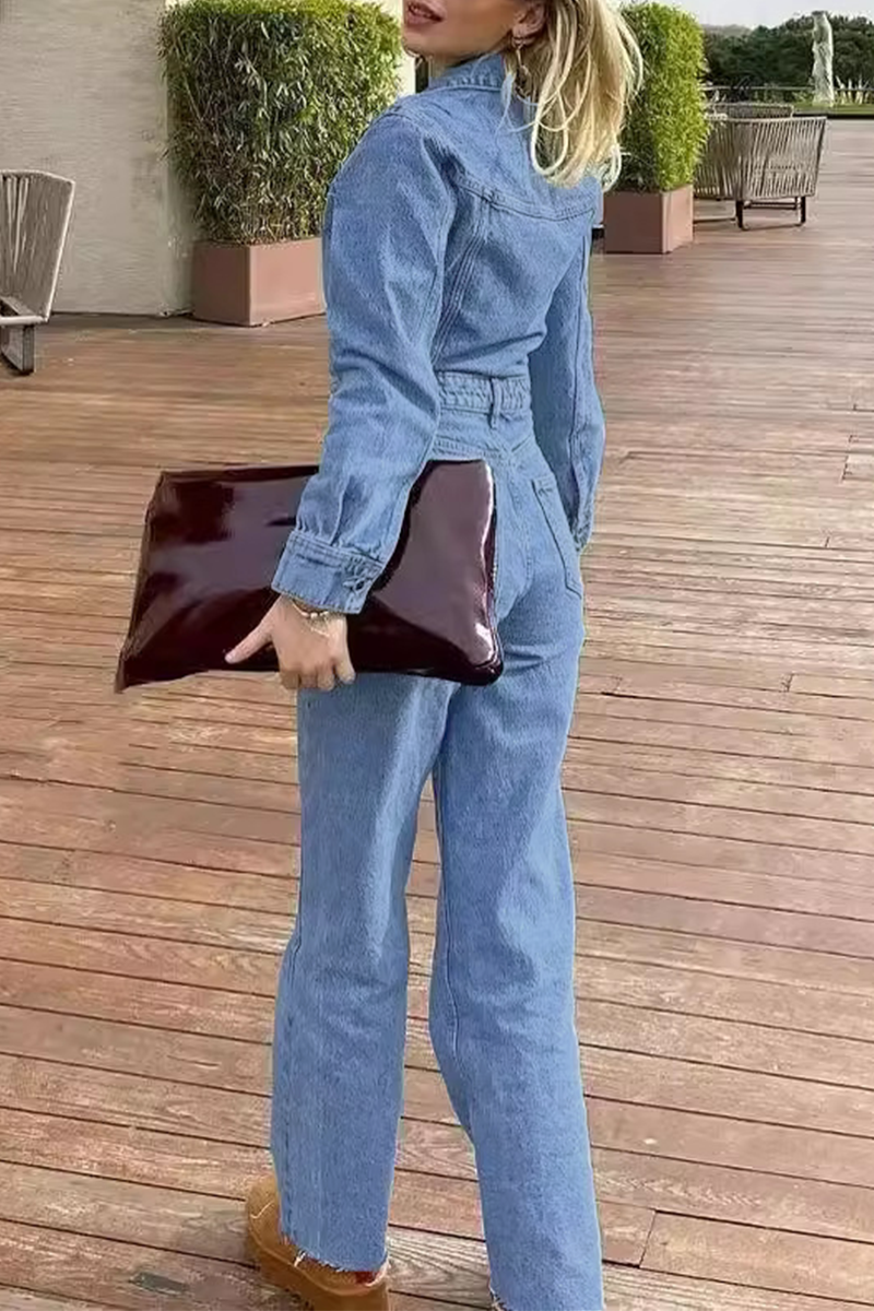 Valenzora | Casual Street Solid Color Pocket Button Turn-Down Collar Long Sleeves Loose Denim Overalls