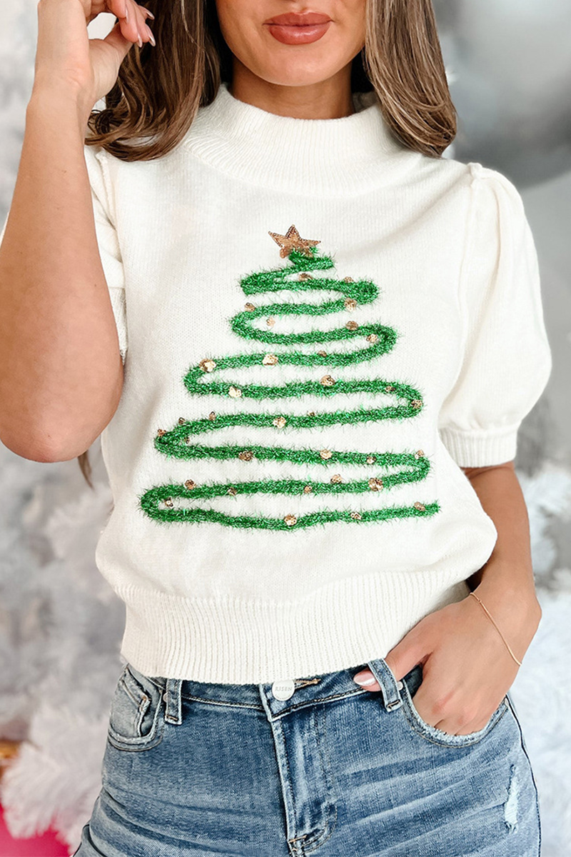 Valenzora | Legere Rollkragenpullover mit Weihnachtsbaum-Pailletten-Patchwork