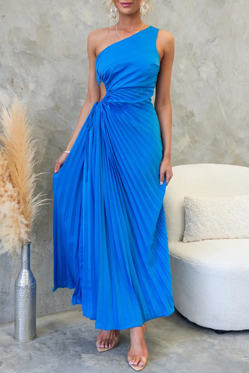Valenzora | Sexy Drawstring Pleated Slanted Shoulder Pleated Dresses - 4 Colors