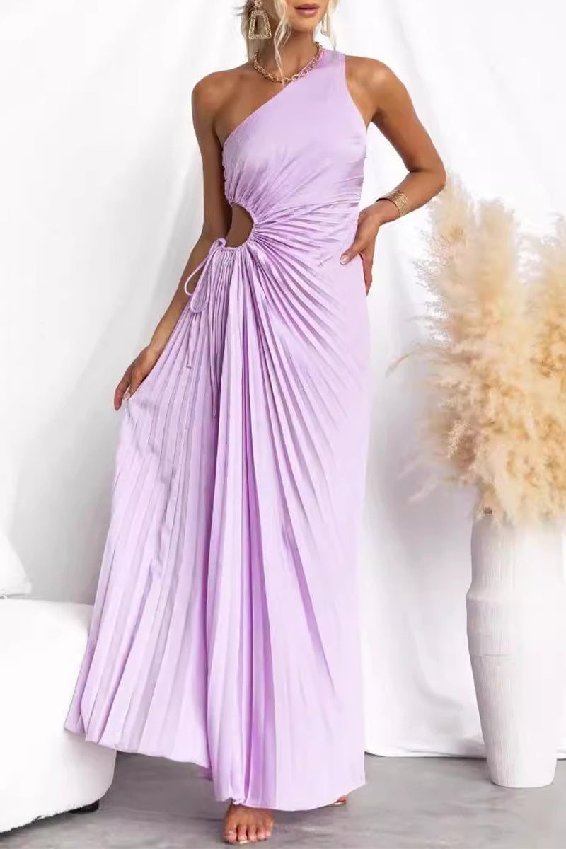 Valenzora | Sexy Drawstring Pleated Slanted Shoulder Pleated Dresses - 4 Colors