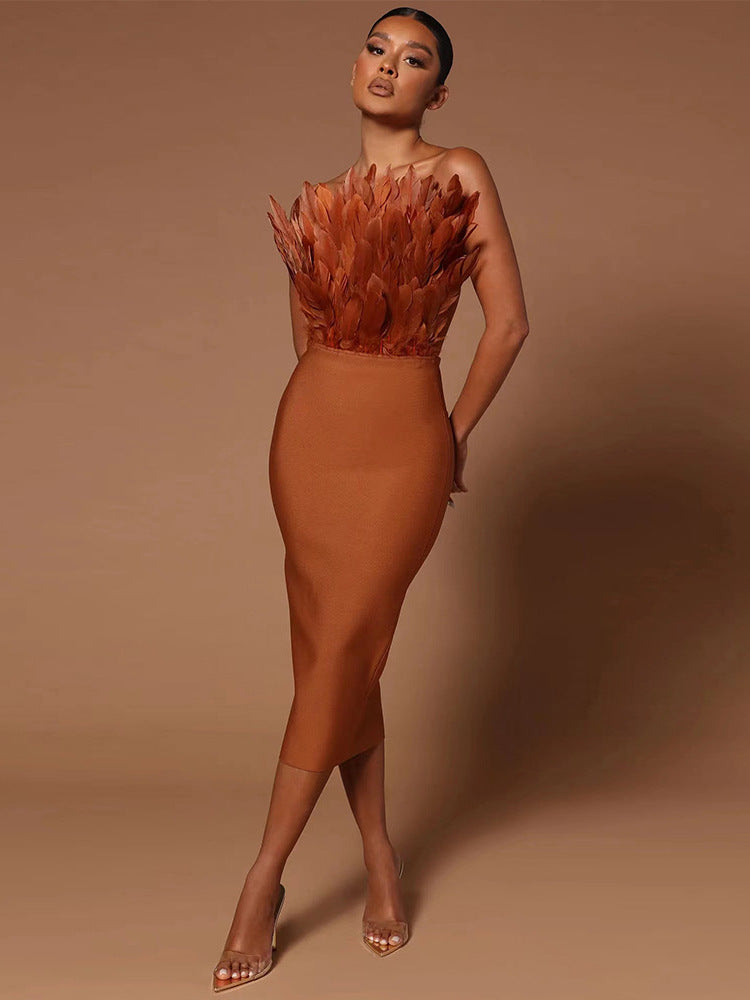 Valenzora women's dress with waist accentuation and feather embellishment
